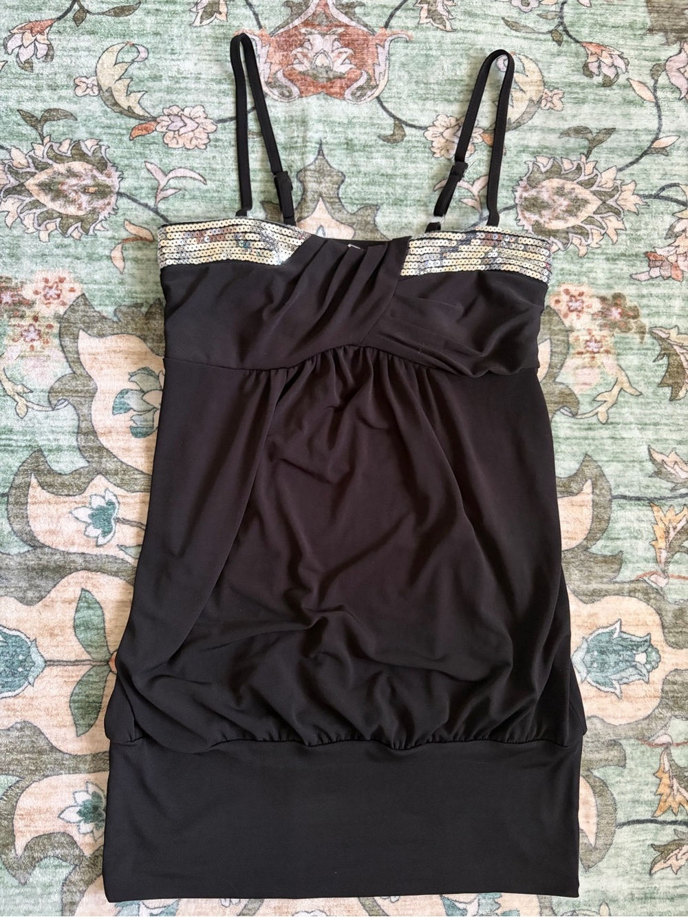 La Belle Y2K Black Silver Sequin Ruched Cami Top Size Small